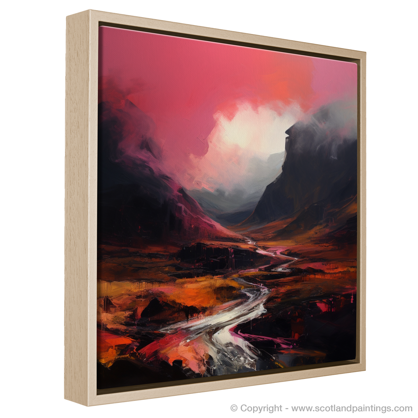 Painting and Art Print of Crimson clouds over valley in Glencoe entitled "Crimson Skies over Glencoe Valley: An Expressionist Ode to Highland Drama".