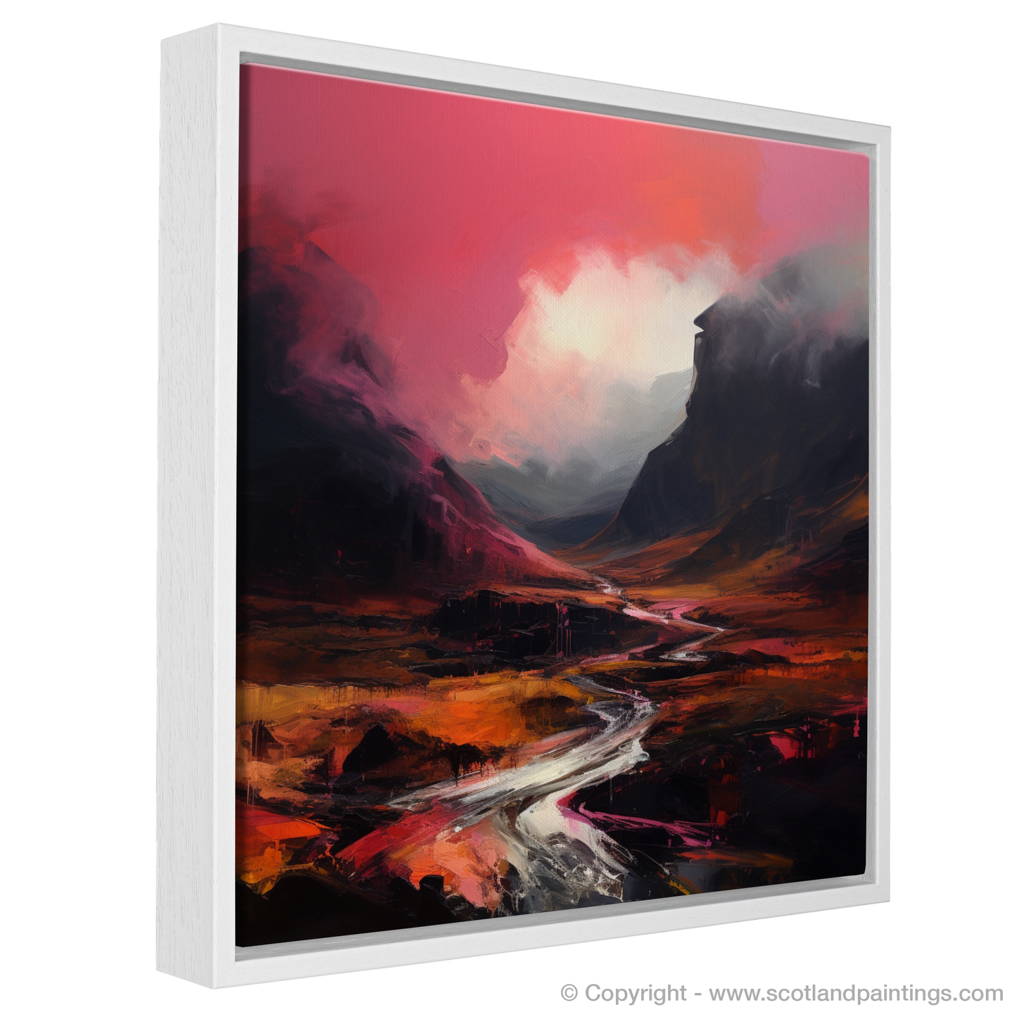Painting and Art Print of Crimson clouds over valley in Glencoe entitled "Crimson Skies over Glencoe Valley: An Expressionist Ode to Highland Drama".