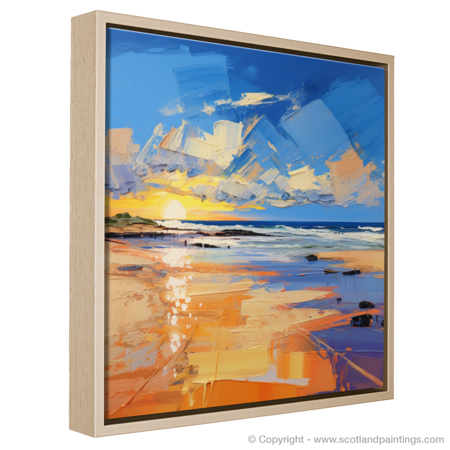 Painting and Art Print of Balmedie Beach at golden hour entitled "Golden Hour Enchantment at Balmedie Beach".