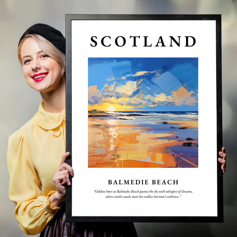 Person holding a poster of Balmedie Beach