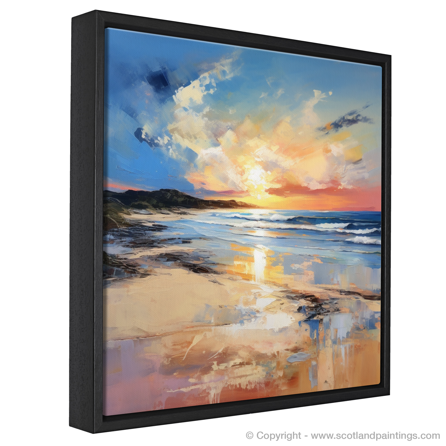 Painting and Art Print of Balmedie Beach at golden hour entitled "Golden Hour Embrace at Balmedie Beach".