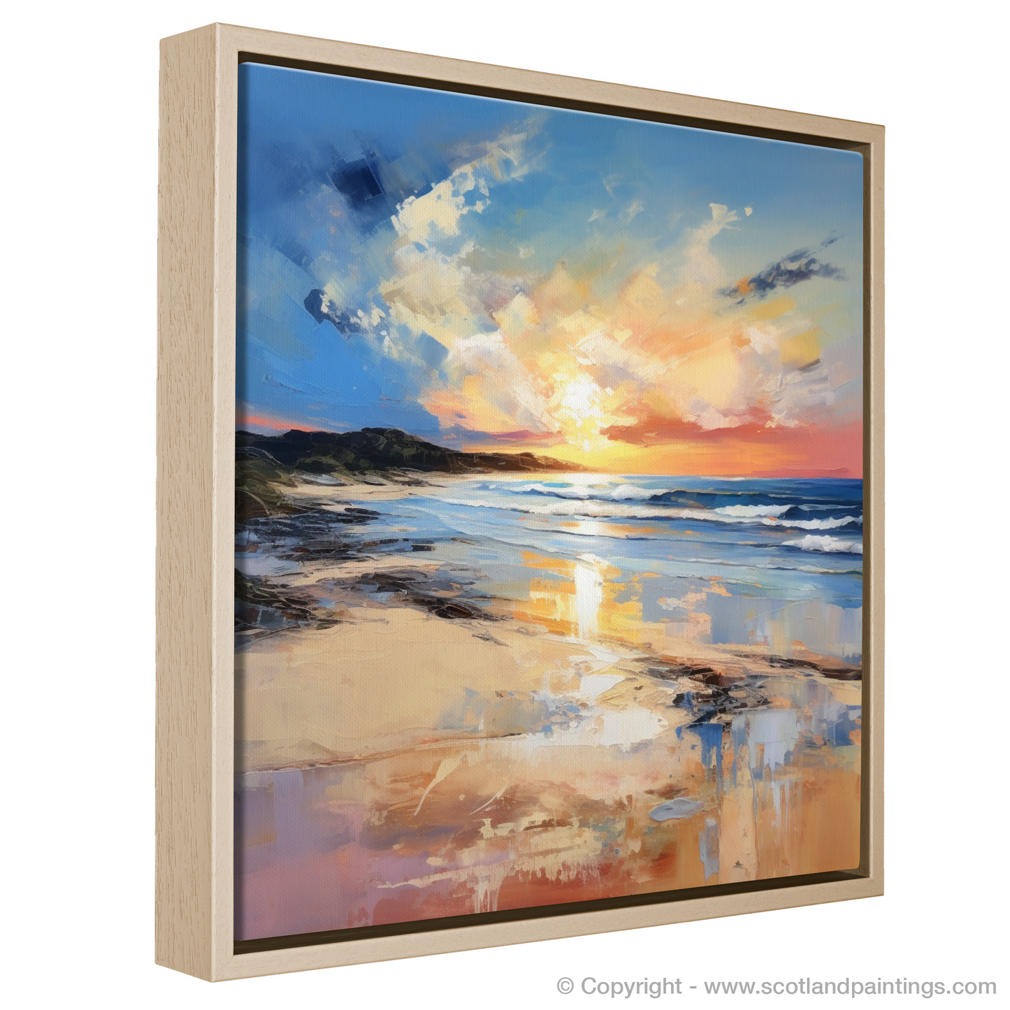 Painting and Art Print of Balmedie Beach at golden hour entitled "Golden Hour Embrace at Balmedie Beach".