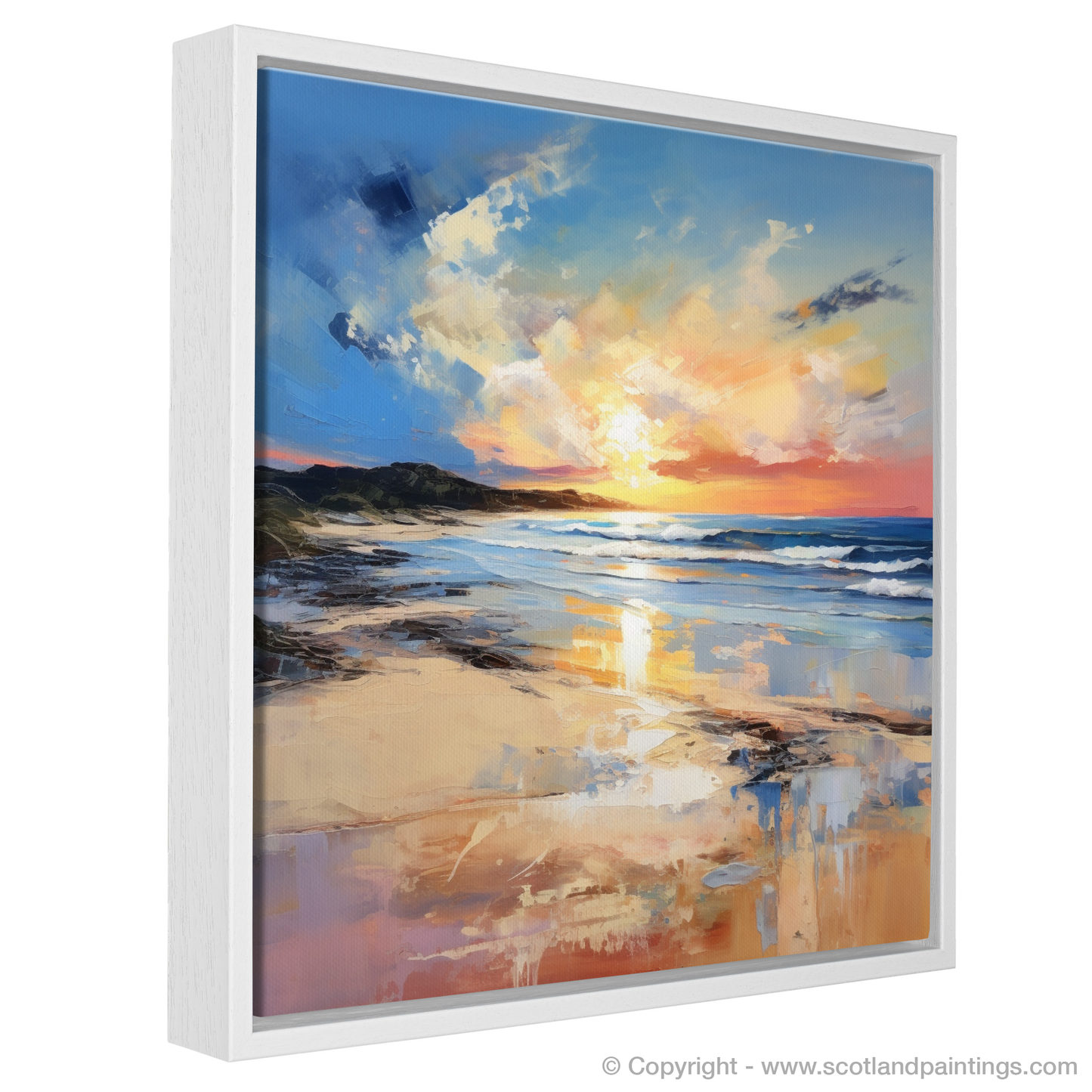 Painting and Art Print of Balmedie Beach at golden hour entitled "Golden Hour Embrace at Balmedie Beach".