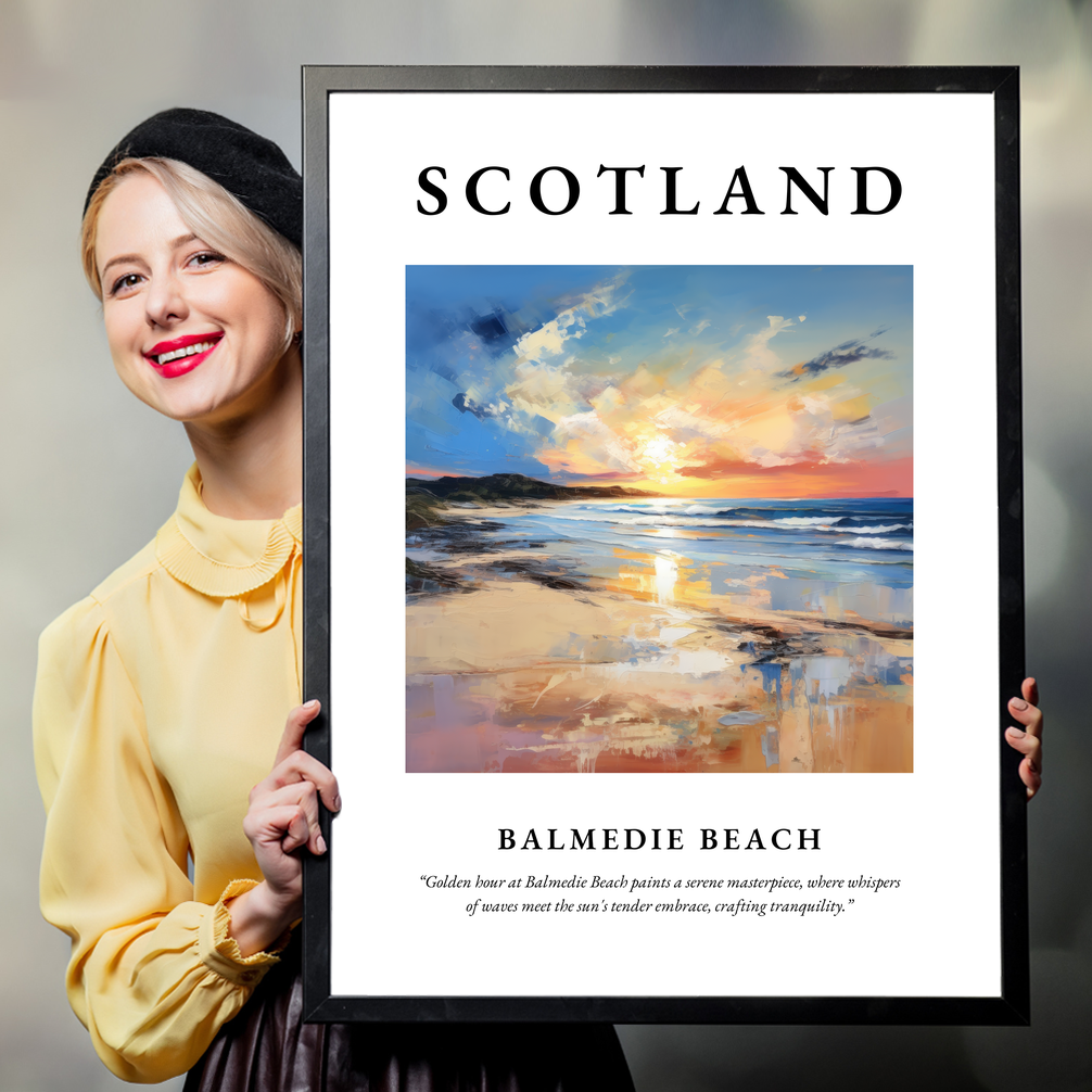 Person holding a poster of Balmedie Beach