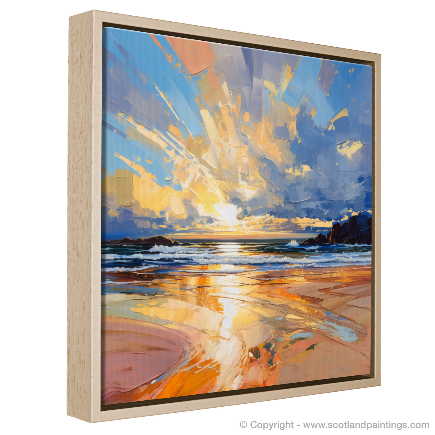 Painting and Art Print of Balmedie Beach at golden hour entitled "Golden Embrace of Balmedie Beach".