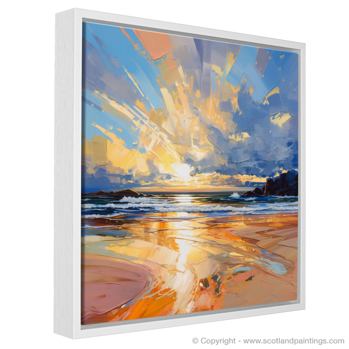 Painting and Art Print of Balmedie Beach at golden hour entitled "Golden Embrace of Balmedie Beach".