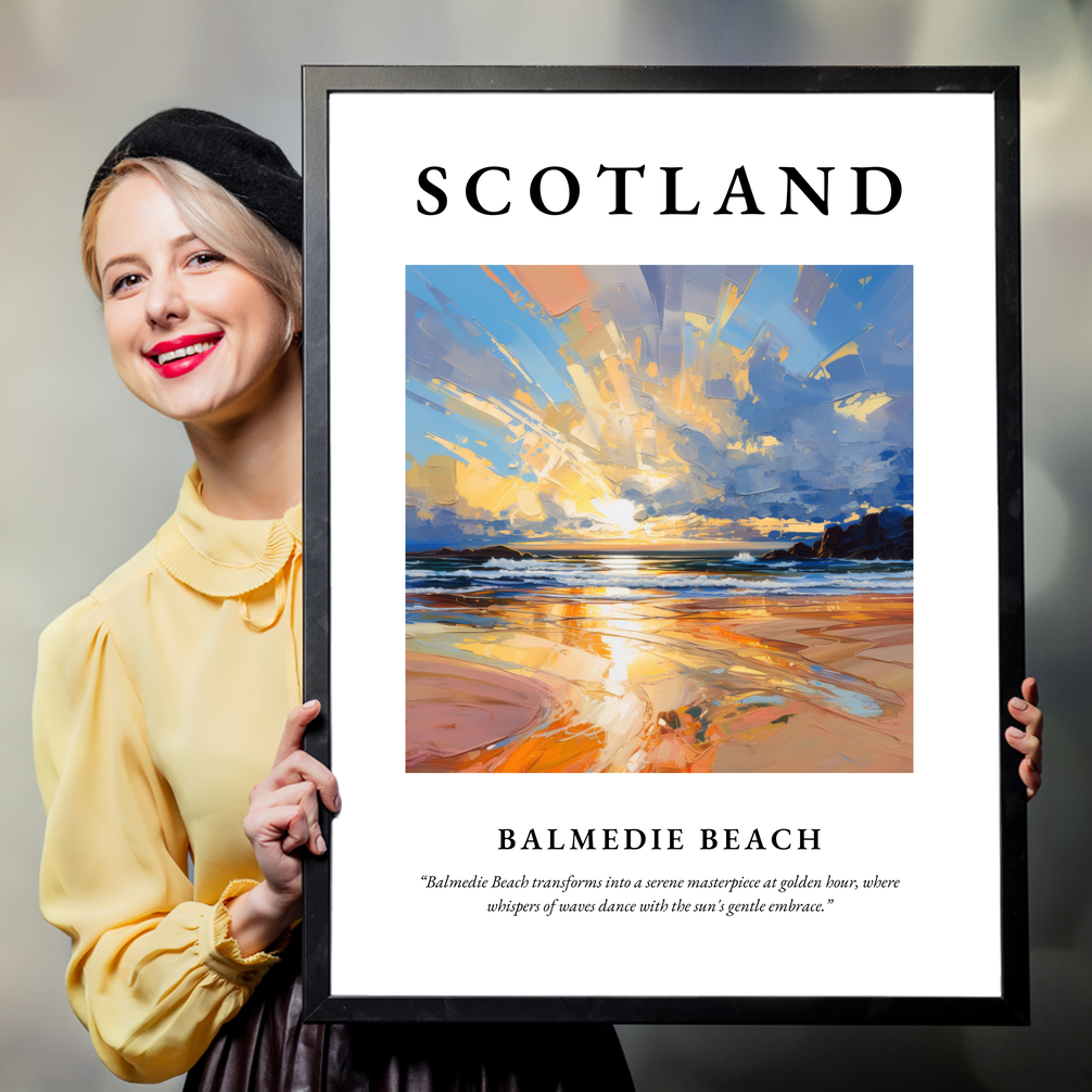 Person holding a poster of Balmedie Beach