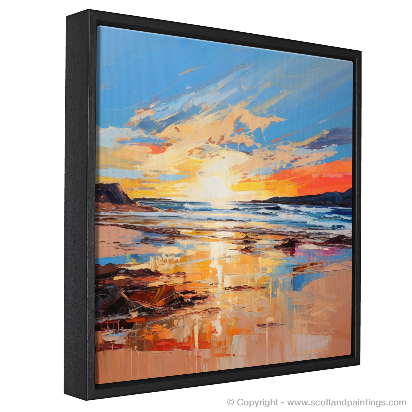 Painting and Art Print of Balmedie Beach at golden hour entitled "Golden Hour Embrace at Balmedie Beach".