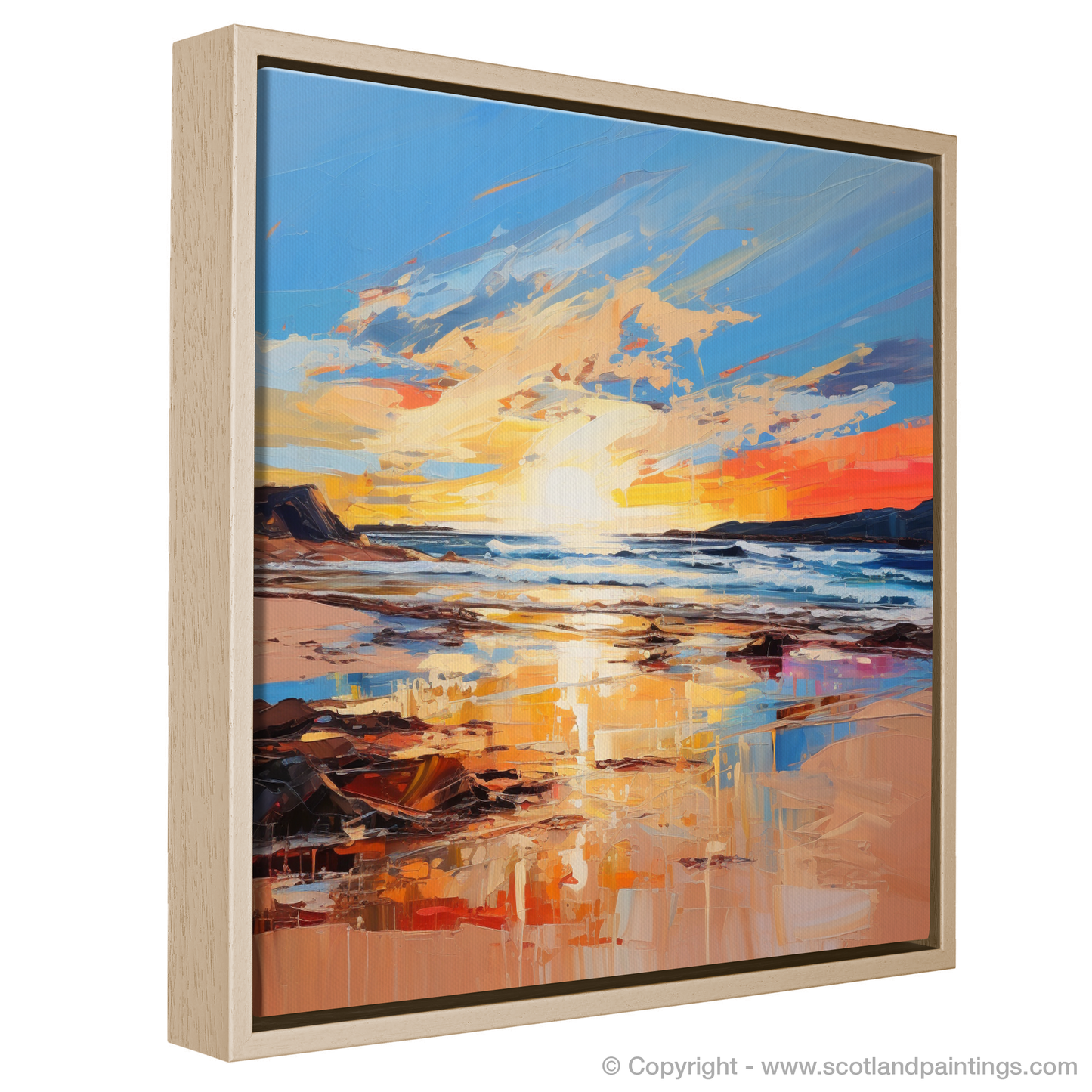 Painting and Art Print of Balmedie Beach at golden hour entitled "Golden Hour Embrace at Balmedie Beach".