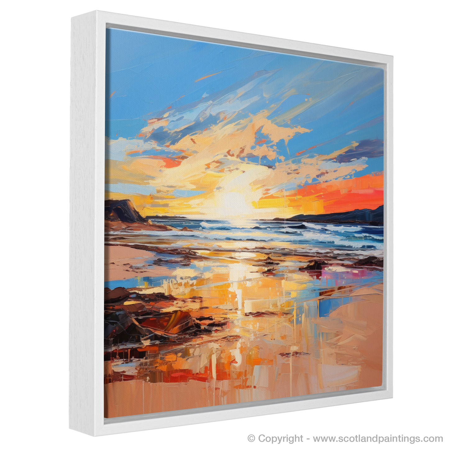 Painting and Art Print of Balmedie Beach at golden hour entitled "Golden Hour Embrace at Balmedie Beach".