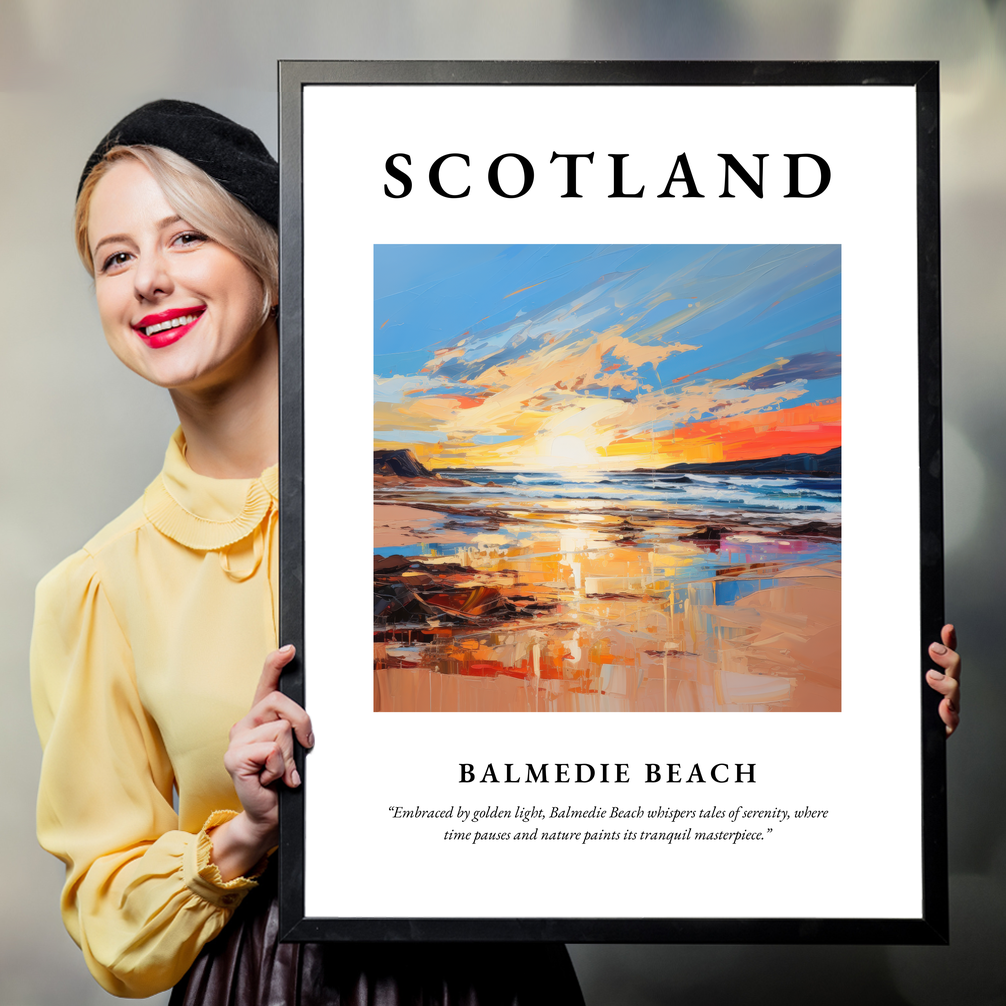 Person holding a poster of Balmedie Beach