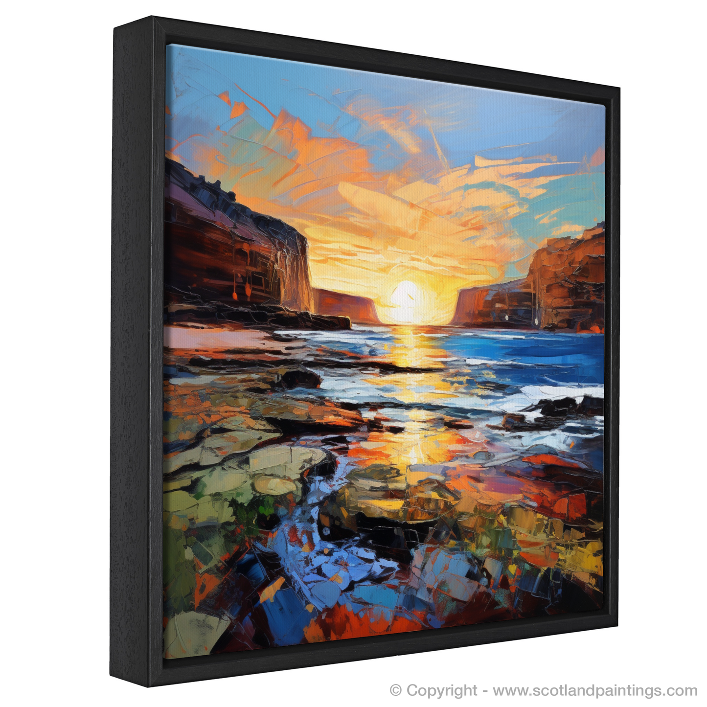 Painting and Art Print of Catterline Bay at golden hour. Golden Hour at Catterline Bay: An Expressionist Ode to Scottish Shores.