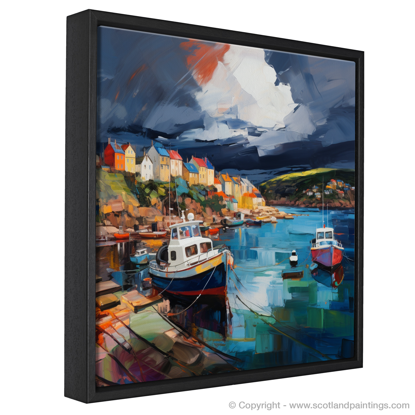 Painting and Art Print of St Abba's Harbour with a stormy sky entitled "Storm's Embrace at St Abba's Harbour".