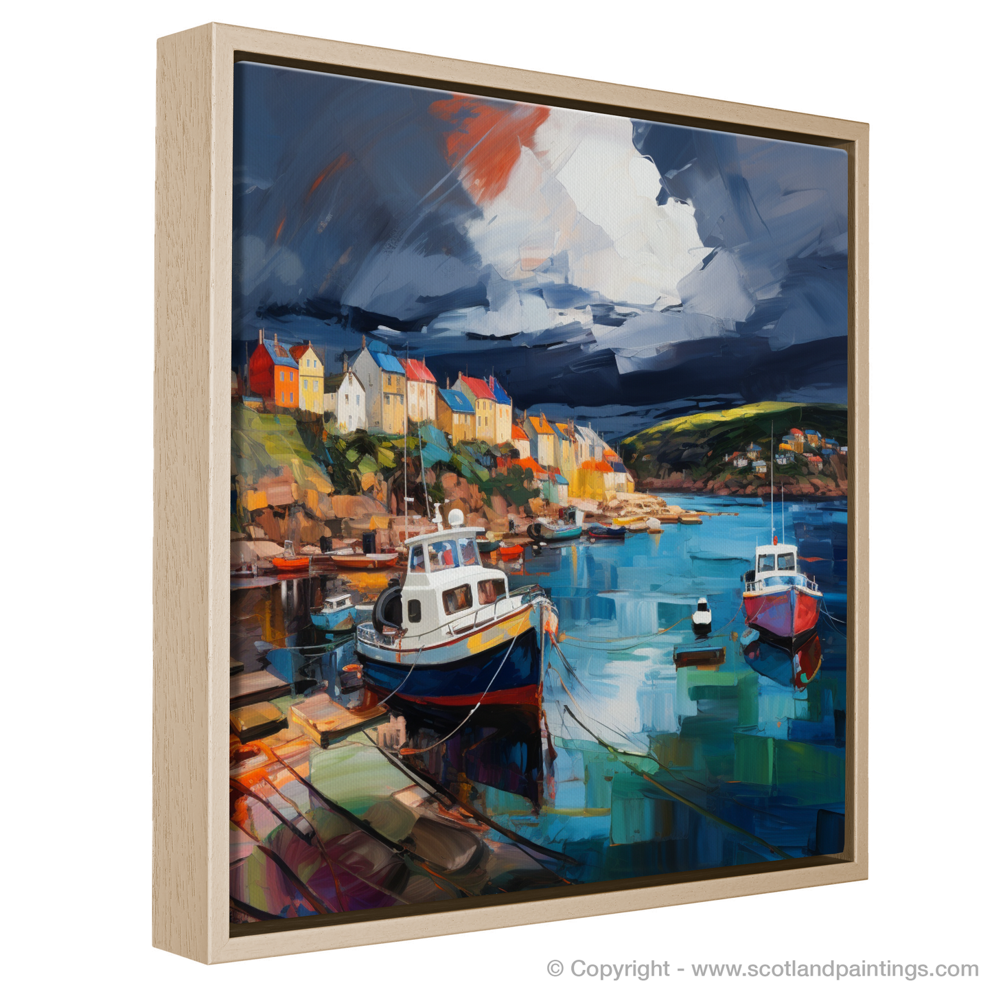 Painting and Art Print of St Abba's Harbour with a stormy sky entitled "Storm's Embrace at St Abba's Harbour".