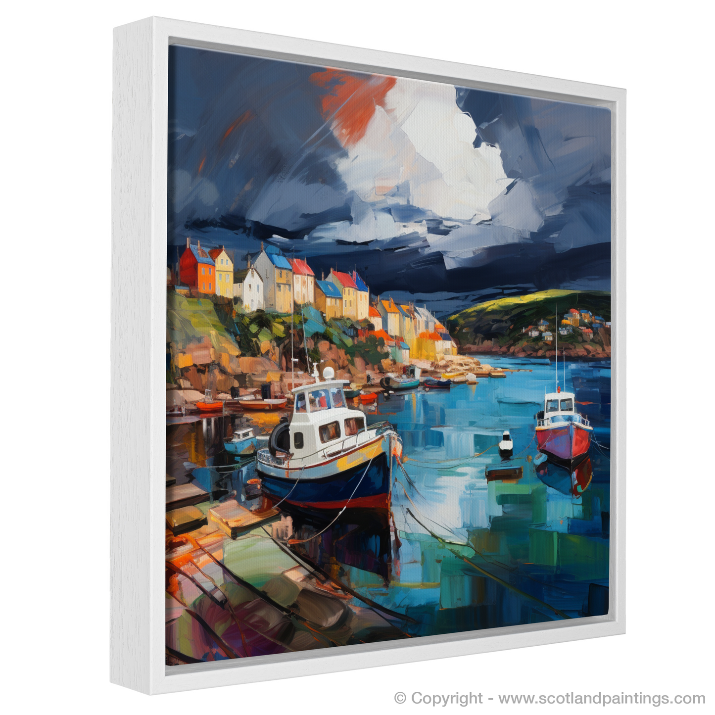 Painting and Art Print of St Abba's Harbour with a stormy sky entitled "Storm's Embrace at St Abba's Harbour".