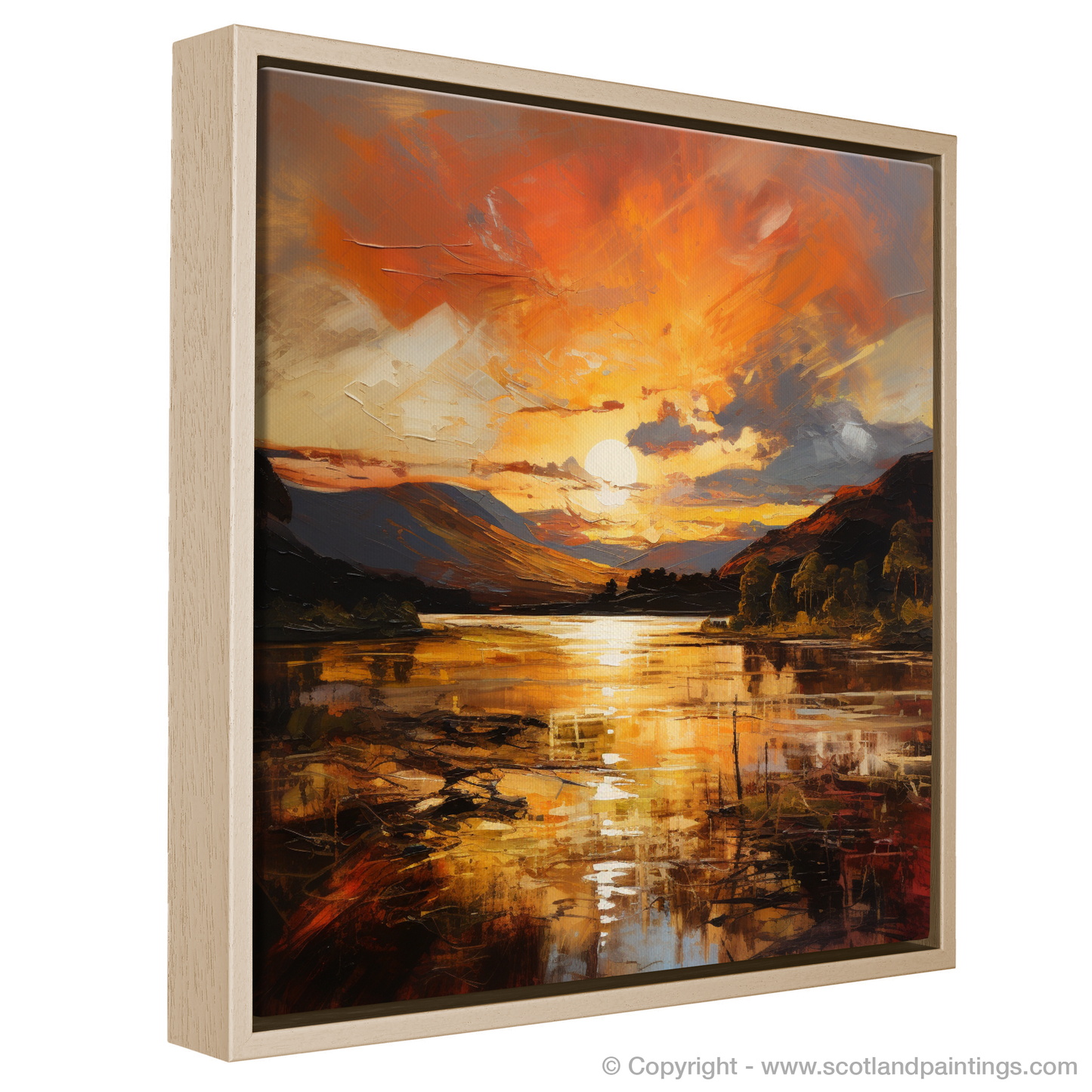 Painting and Art Print of Golden hour at Loch Lomond entitled "Golden Hour Glow at Loch Lomond".