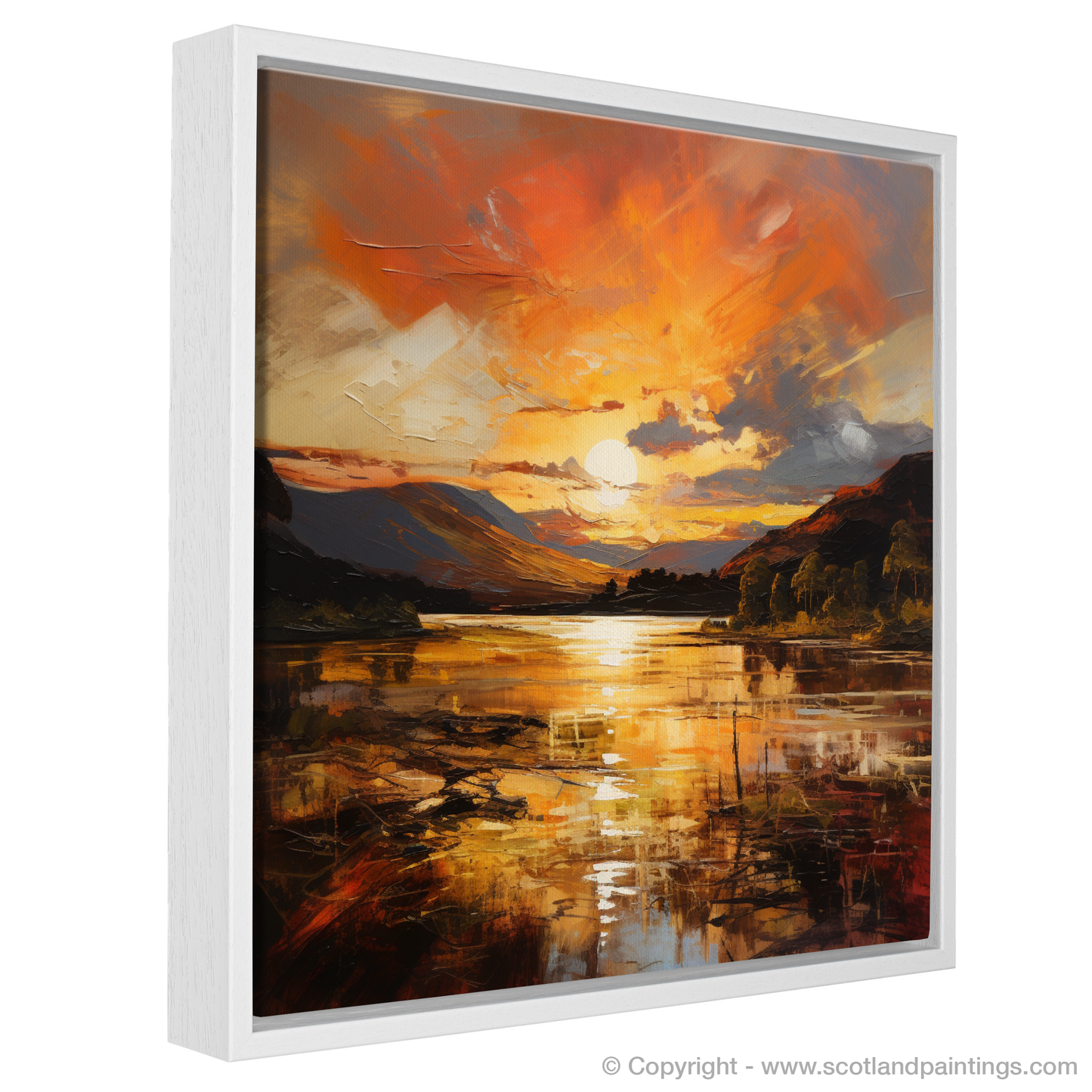 Painting and Art Print of Golden hour at Loch Lomond entitled "Golden Hour Glow at Loch Lomond".