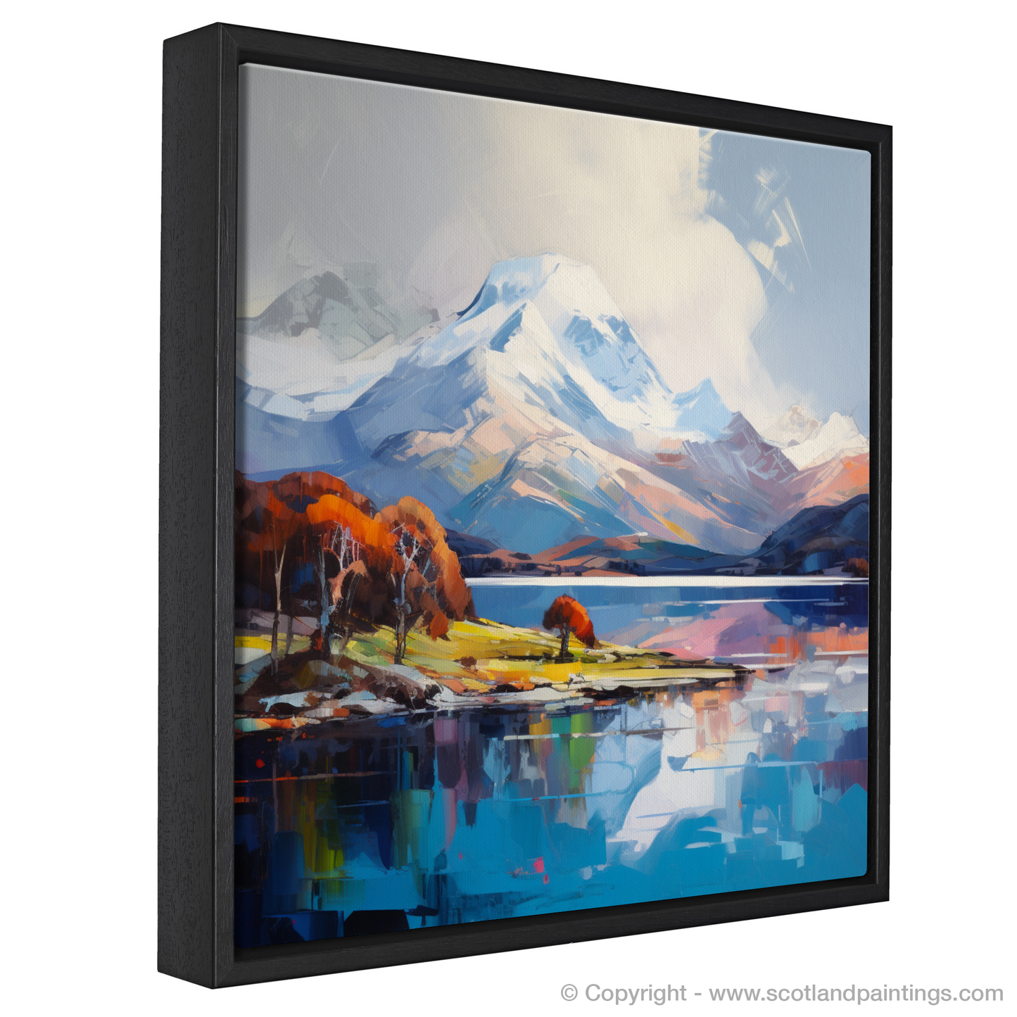 Painting and Art Print of Snow-capped peaks overlooking Loch Lomond entitled "Highland Majesty: Snow-capped Peaks and Loch Lomond in Expressionist Glory".