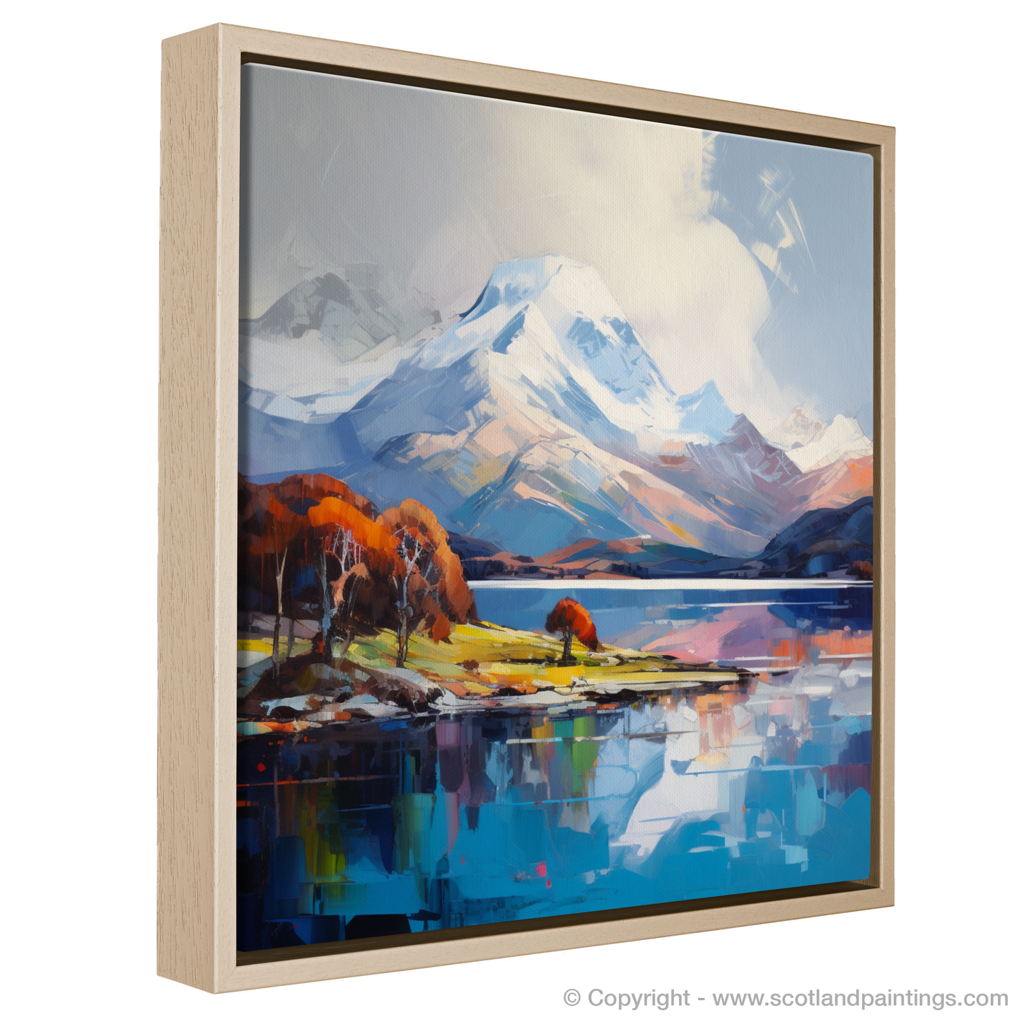 Painting and Art Print of Snow-capped peaks overlooking Loch Lomond entitled "Highland Majesty: Snow-capped Peaks and Loch Lomond in Expressionist Glory".