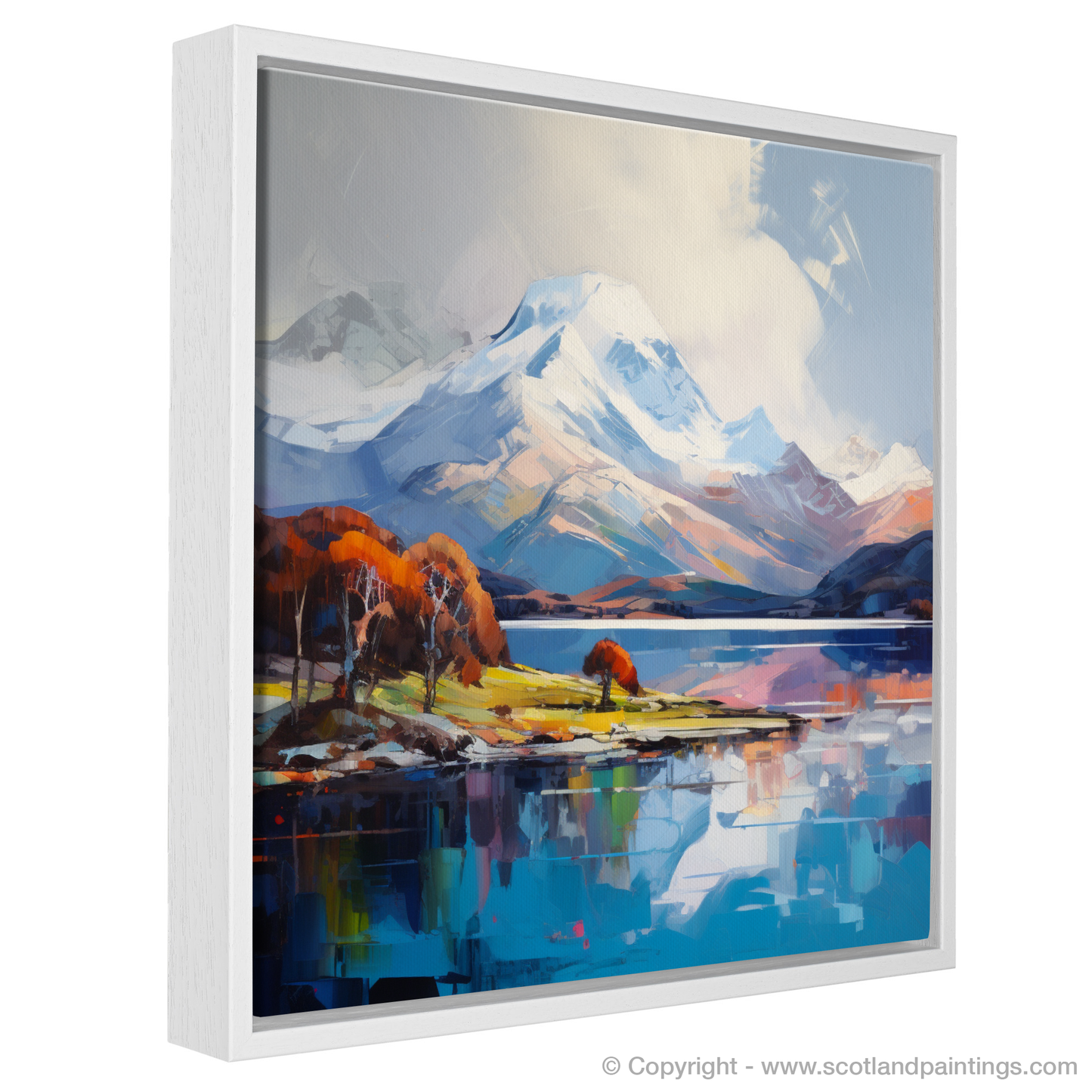 Painting and Art Print of Snow-capped peaks overlooking Loch Lomond entitled "Highland Majesty: Snow-capped Peaks and Loch Lomond in Expressionist Glory".