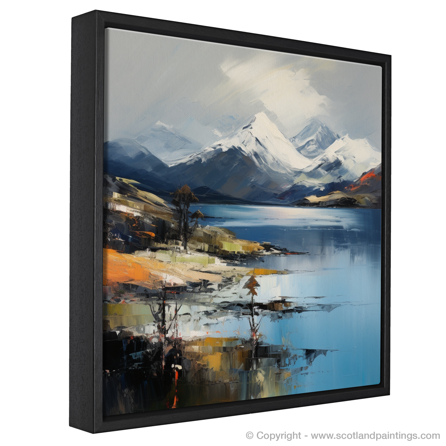 Painting and Art Print of Snow-capped peaks overlooking Loch Lomond entitled "Majestic Reflections: Snow-capped Peaks Over Loch Lomond".