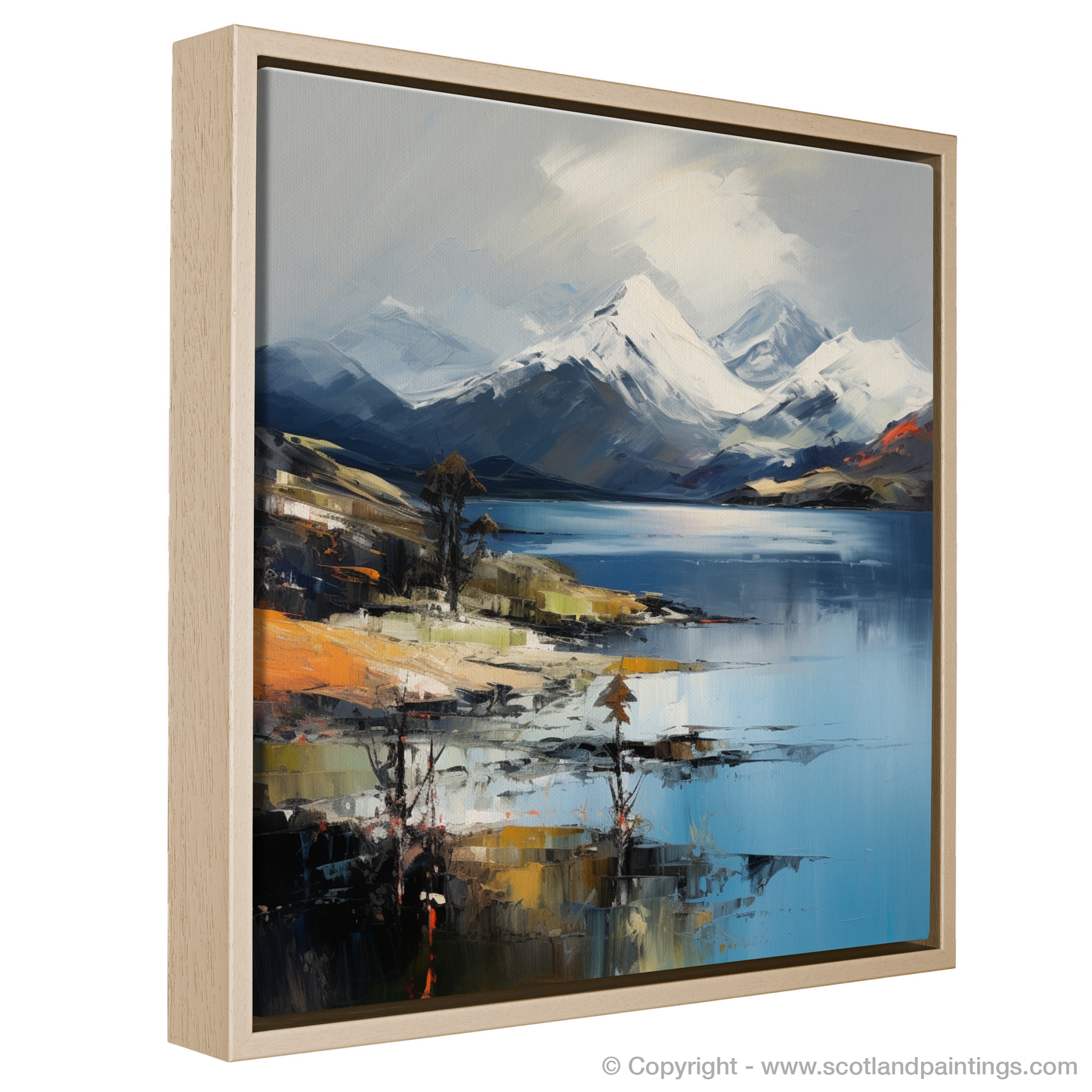 Painting and Art Print of Snow-capped peaks overlooking Loch Lomond entitled "Majestic Reflections: Snow-capped Peaks Over Loch Lomond".