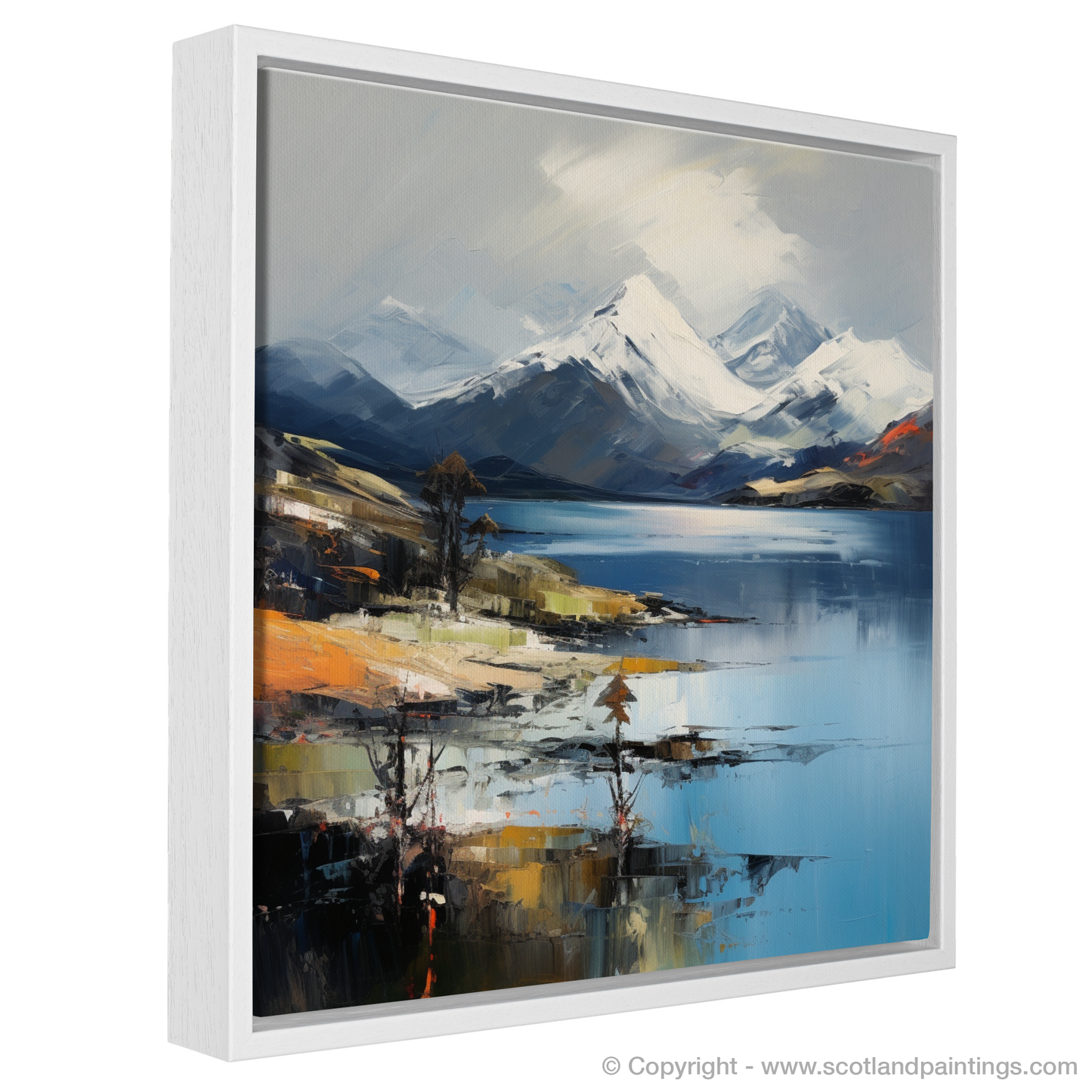 Painting and Art Print of Snow-capped peaks overlooking Loch Lomond entitled "Majestic Reflections: Snow-capped Peaks Over Loch Lomond".