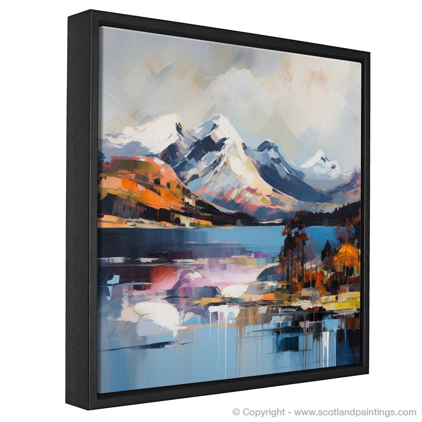 Painting and Art Print of Snow-capped peaks overlooking Loch Lomond entitled "Expressionist Majesty: Snow-capped Peaks Over Loch Lomond".