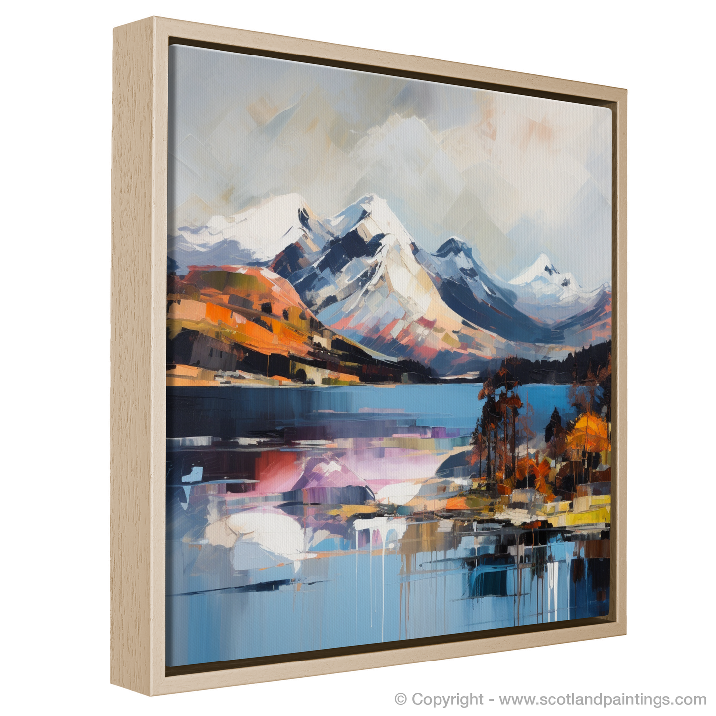 Painting and Art Print of Snow-capped peaks overlooking Loch Lomond entitled "Expressionist Majesty: Snow-capped Peaks Over Loch Lomond".