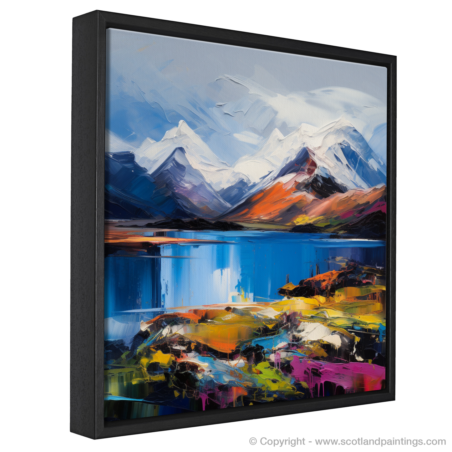 Painting and Art Print of Snow-capped peaks overlooking Loch Lomond entitled "Loch Lomond's Snowy Peaks: An Expressionist Ode to Scotland's Wild Beauty".