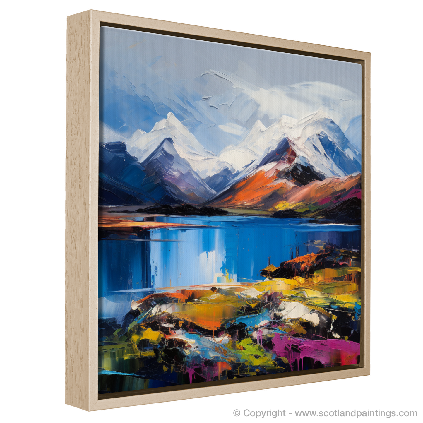 Painting and Art Print of Snow-capped peaks overlooking Loch Lomond entitled "Loch Lomond's Snowy Peaks: An Expressionist Ode to Scotland's Wild Beauty".