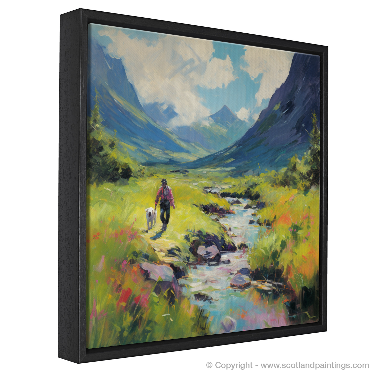 Painting and Art Print of Dog walker in Glencoe during summer. Summer Stroll in Glencoe with Fauvist Flair.