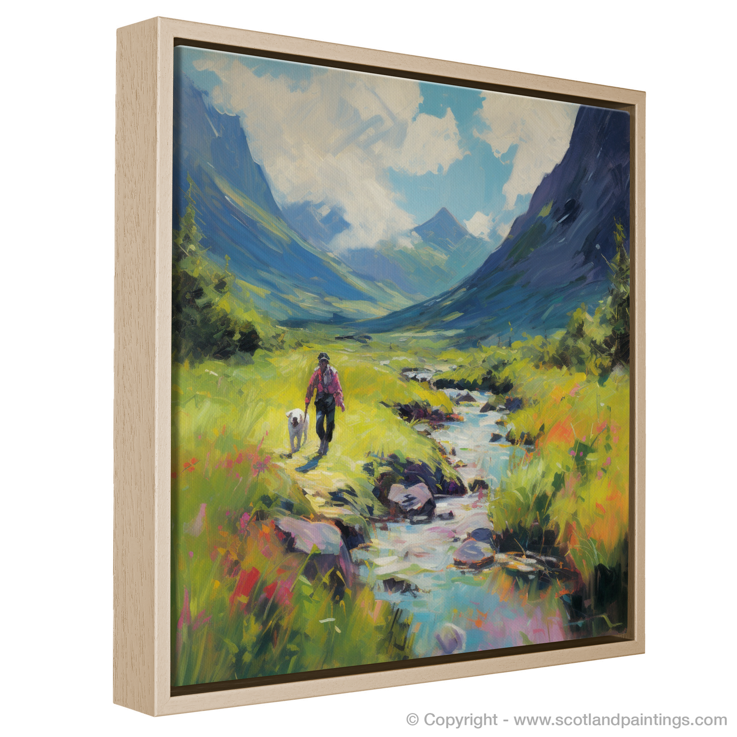 Painting and Art Print of Dog walker in Glencoe during summer. Summer Stroll in Glencoe with Fauvist Flair.