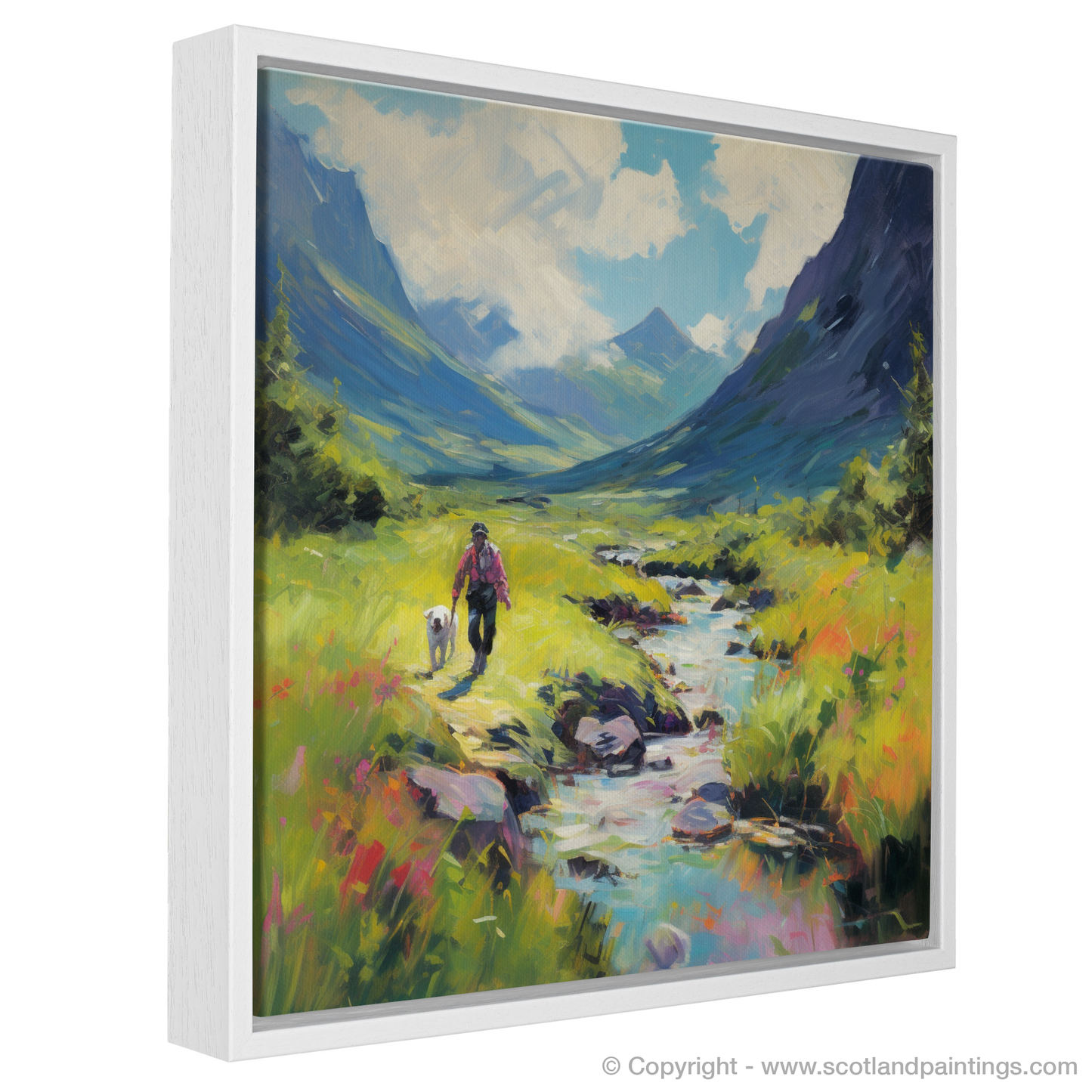 Painting and Art Print of Dog walker in Glencoe during summer. Summer Stroll in Glencoe with Fauvist Flair.