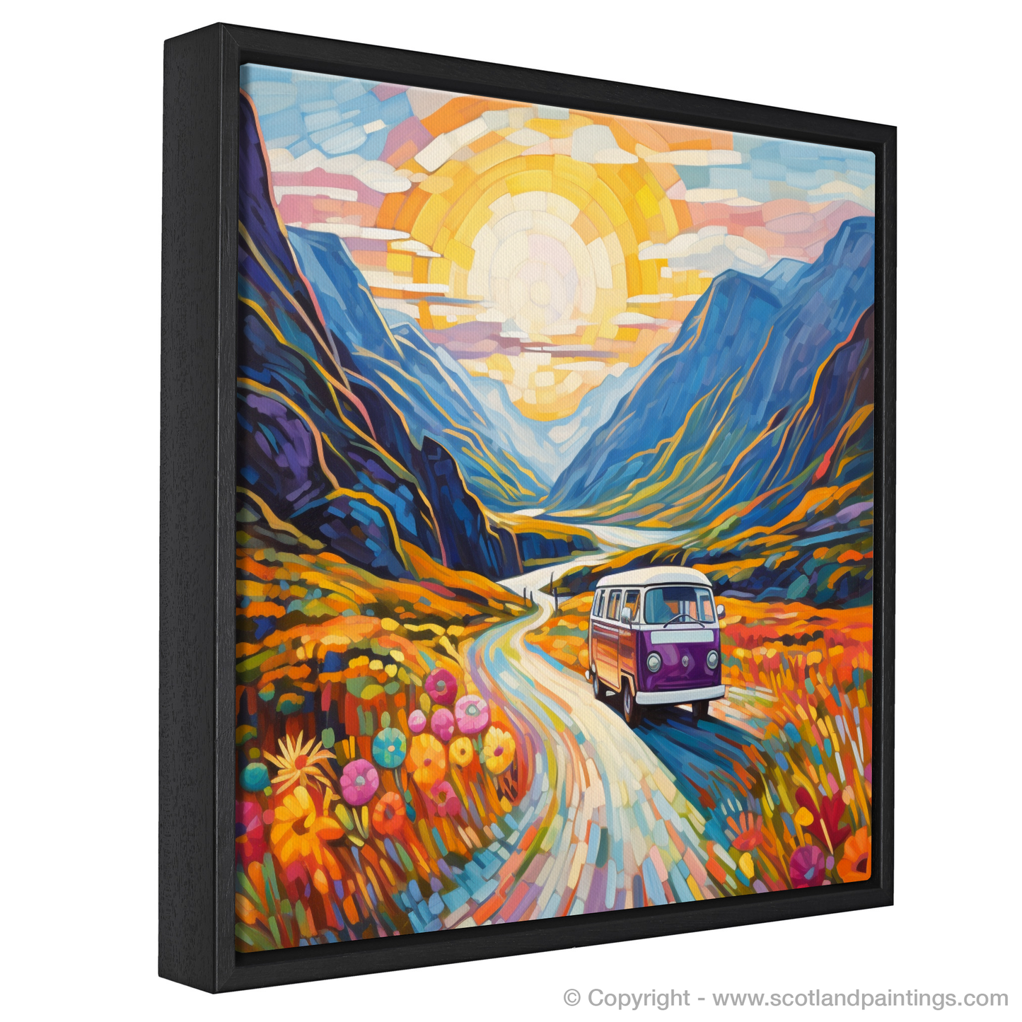 Painting and Art Print of Campervan in Glencoe during summer entitled "Summer Adventure in Glencoe: A Campervan Journey Through Colour".