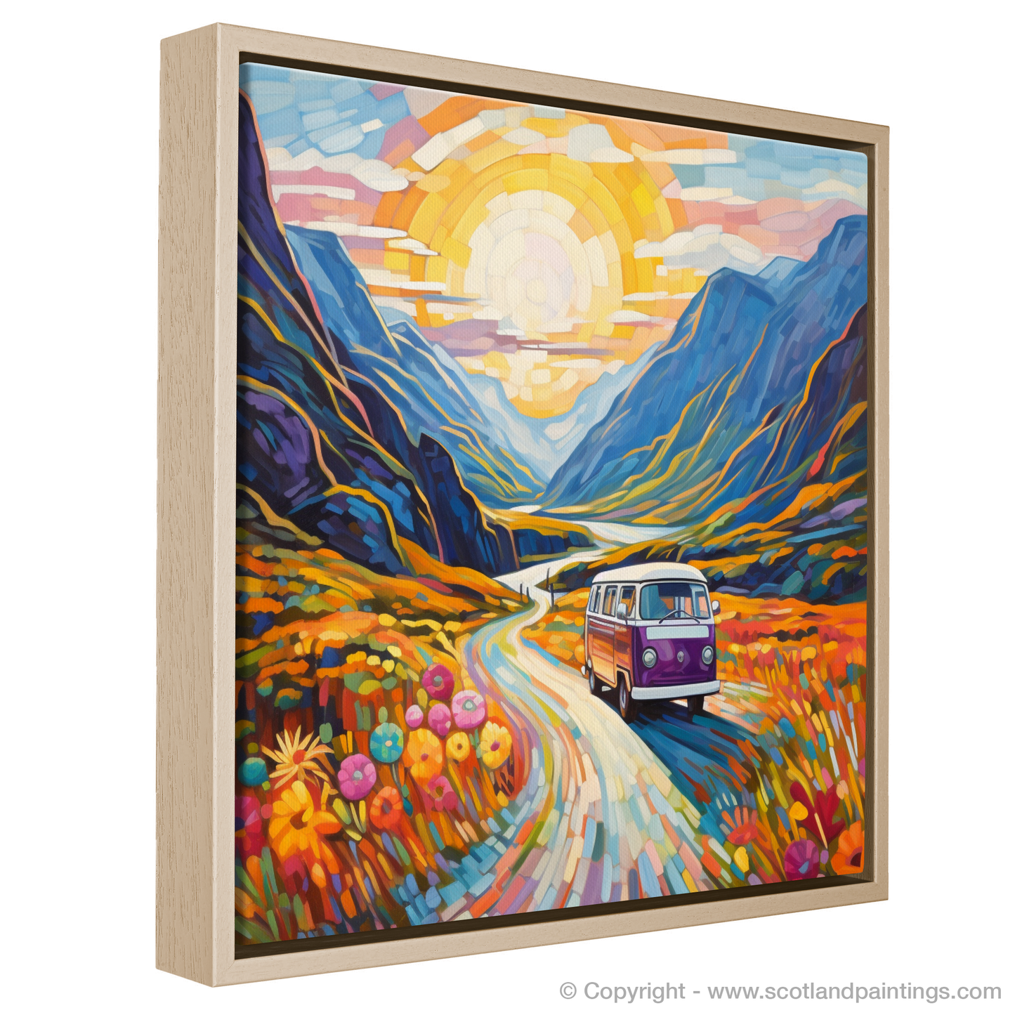 Painting and Art Print of Campervan in Glencoe during summer entitled "Summer Adventure in Glencoe: A Campervan Journey Through Colour".