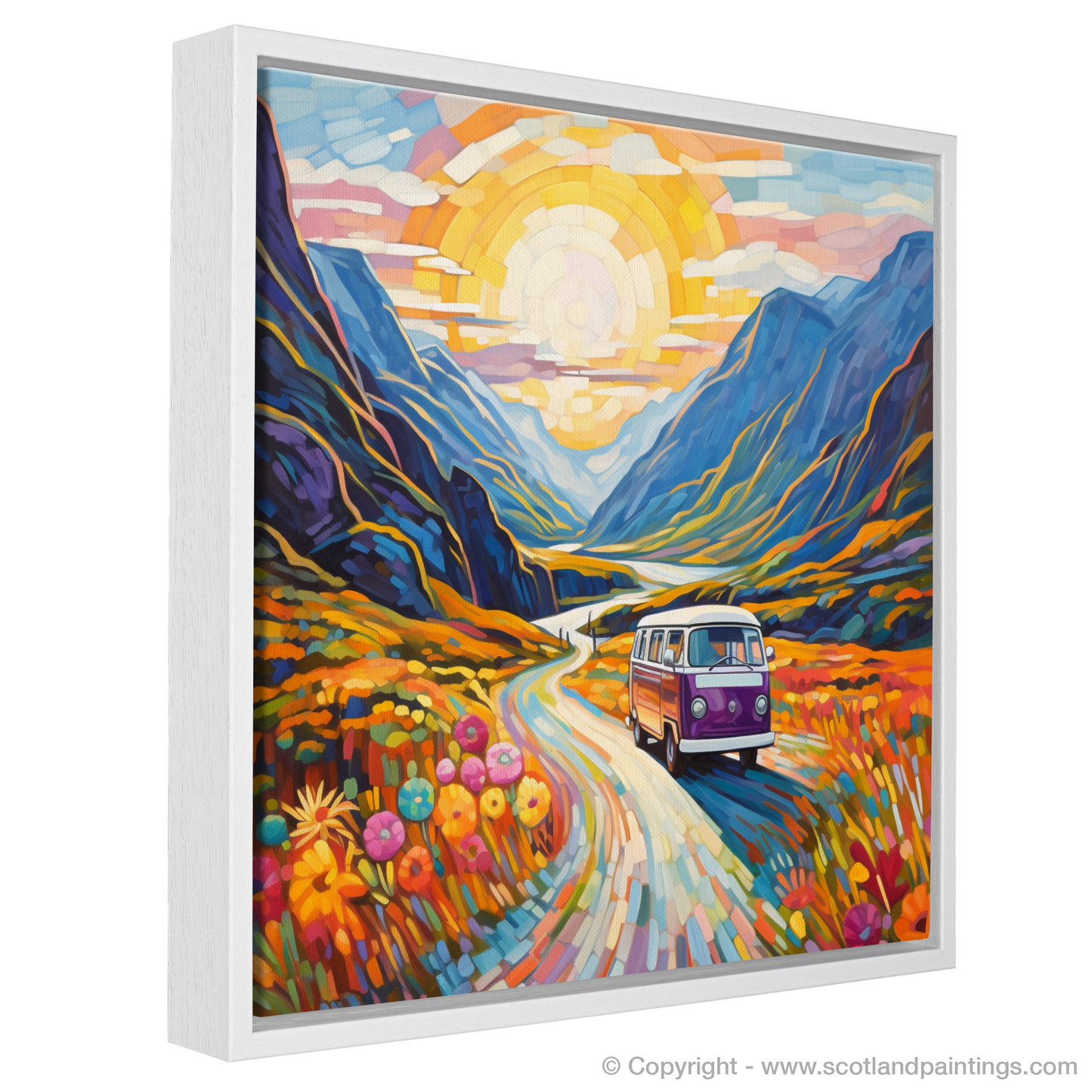 Painting and Art Print of Campervan in Glencoe during summer entitled "Summer Adventure in Glencoe: A Campervan Journey Through Colour".