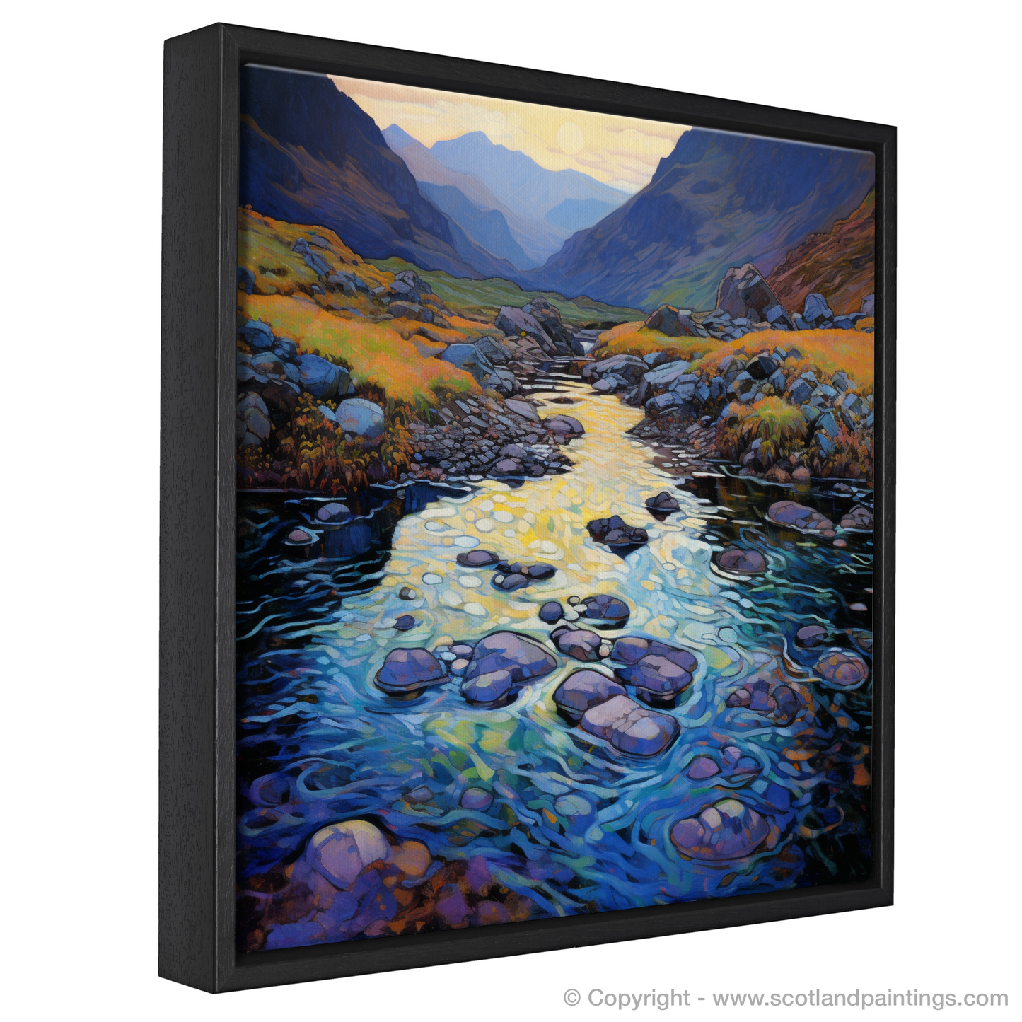 Painting and Art Print of Isle of Skye Fairy Pools at dusk in summer entitled "Dusk at the Fairy Pools: An Impressionist Ode to Scottish Summers".