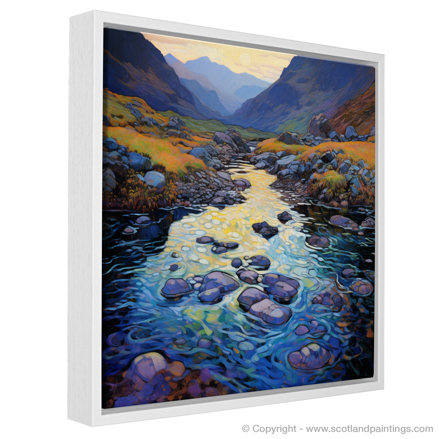 Painting and Art Print of Isle of Skye Fairy Pools at dusk in summer entitled "Dusk at the Fairy Pools: An Impressionist Ode to Scottish Summers".