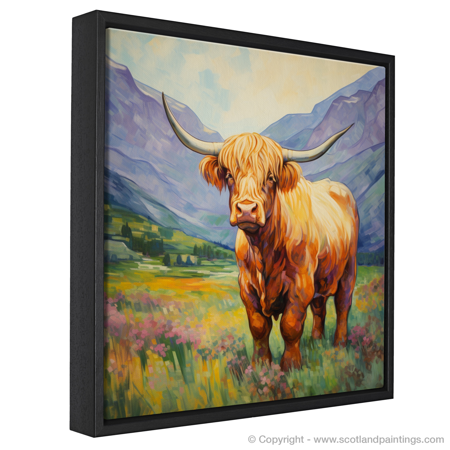 Painting and Art Print of Highland cow in Glencoe during summer entitled "Highland Cow in Summer Glencoe".