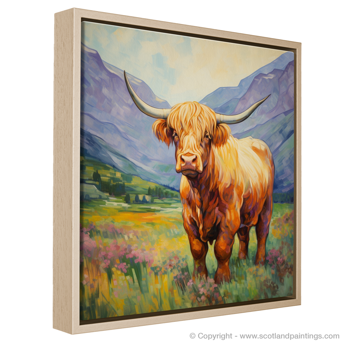 Painting and Art Print of Highland cow in Glencoe during summer entitled "Highland Cow in Summer Glencoe".