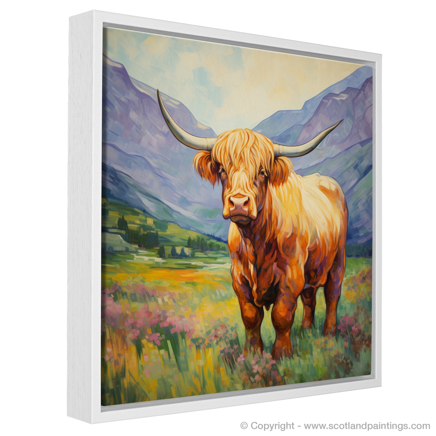 Painting and Art Print of Highland cow in Glencoe during summer entitled "Highland Cow in Summer Glencoe".
