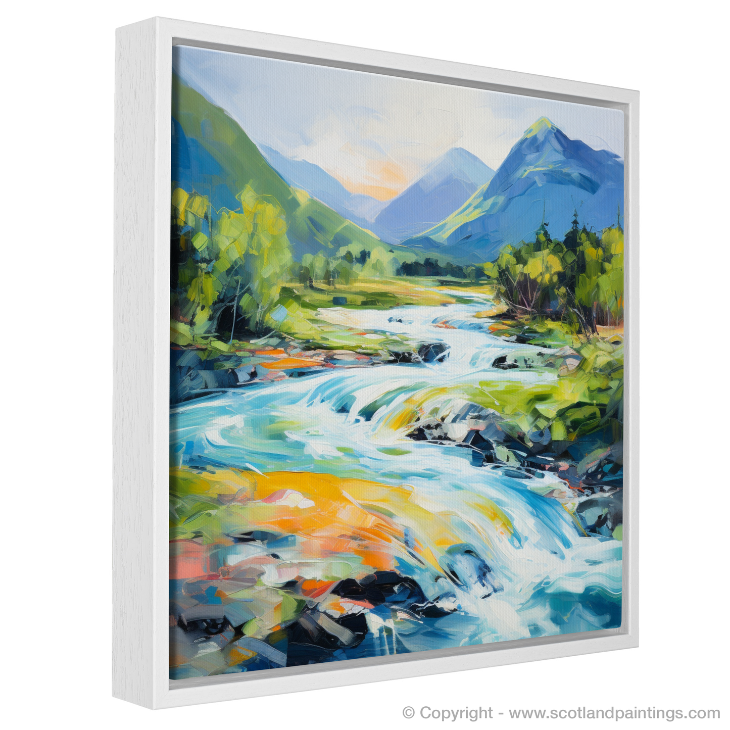 Painting and Art Print of River Etive, Argyll and Bute in summer entitled "Summer Energy at River Etive: A Modern Scottish Reverie".