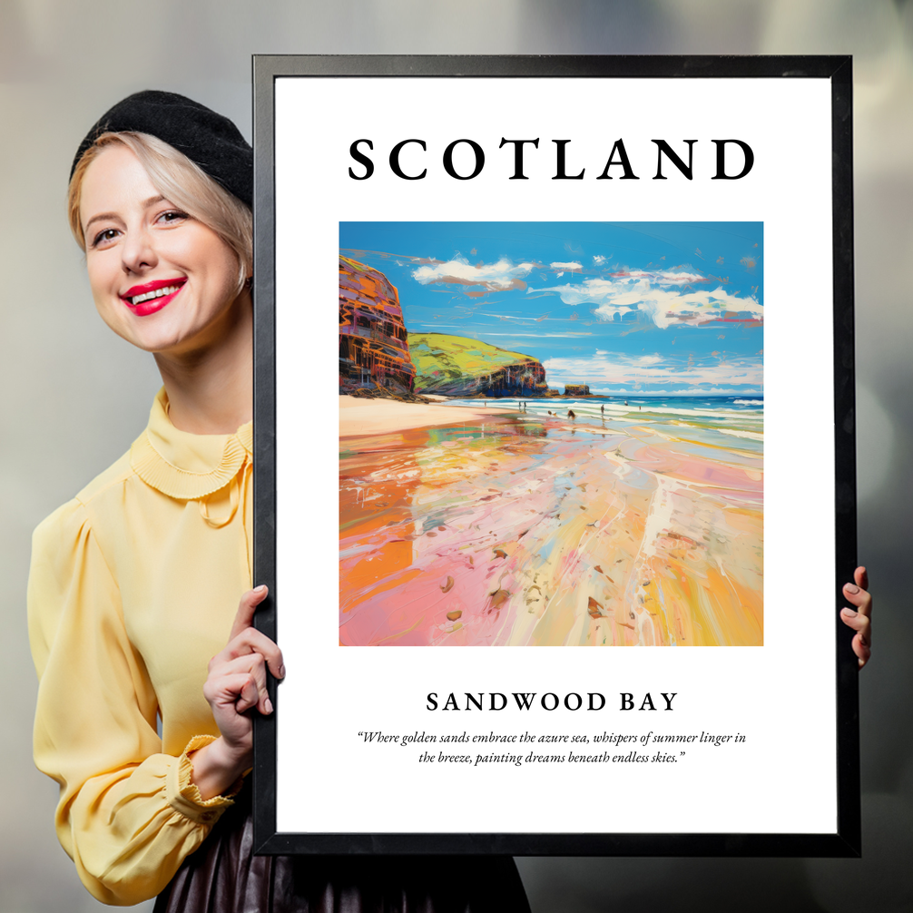 Person holding a poster of Sandwood Bay