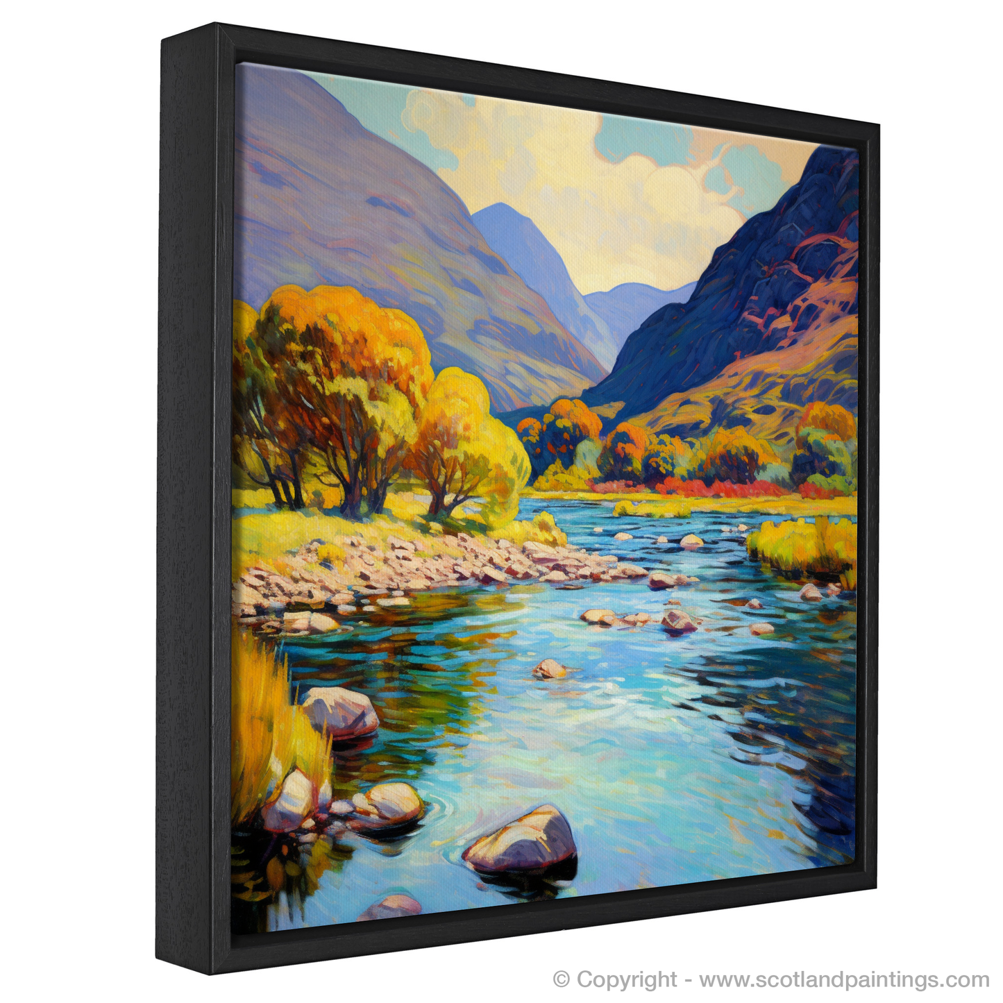 Painting and Art Print of River Coe, Glencoe, Highlands in summer entitled "Summer Glow by River Coe: An Impressionist Tribute to the Scottish Highlands".