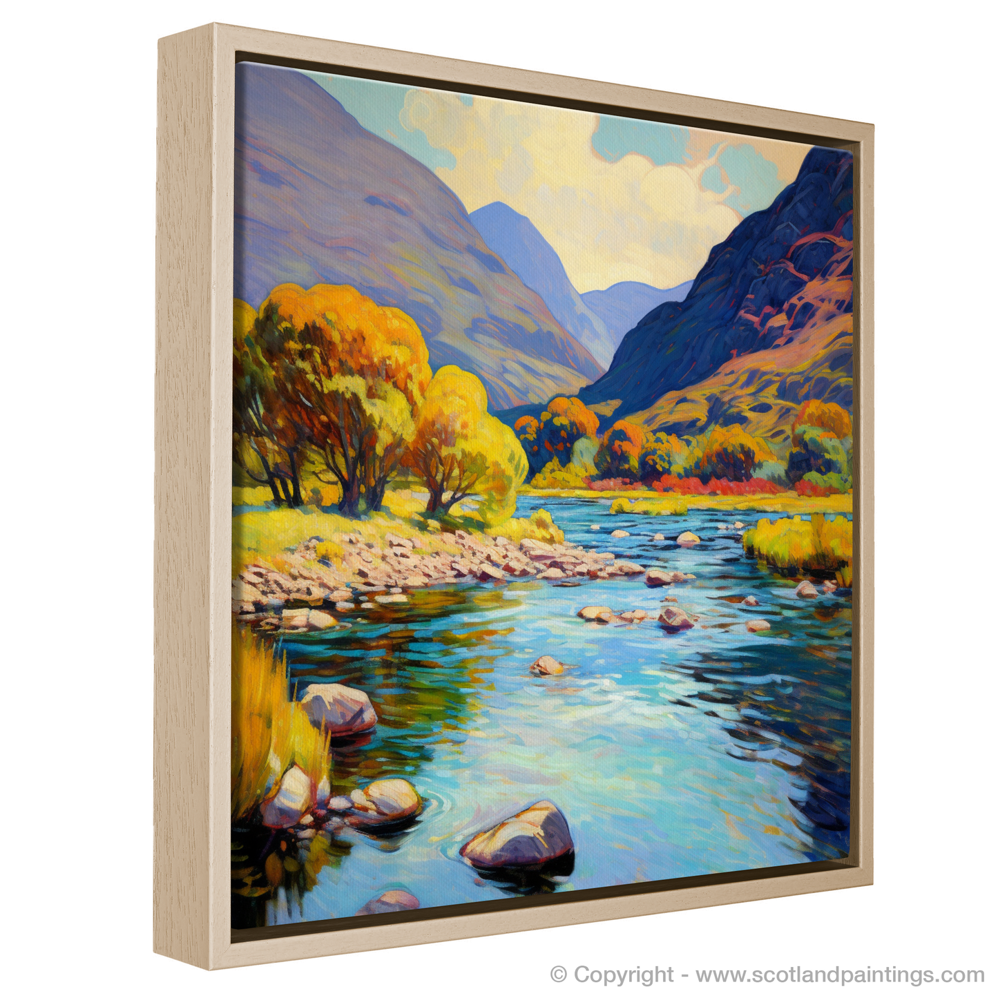 Painting and Art Print of River Coe, Glencoe, Highlands in summer entitled "Summer Glow by River Coe: An Impressionist Tribute to the Scottish Highlands".