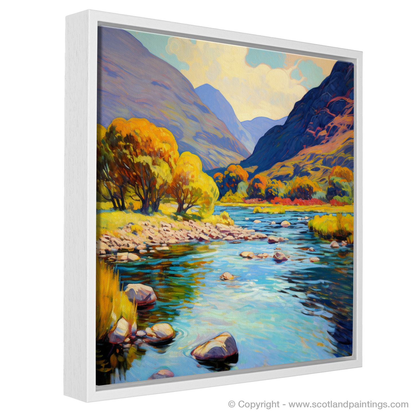 Painting and Art Print of River Coe, Glencoe, Highlands in summer entitled "Summer Glow by River Coe: An Impressionist Tribute to the Scottish Highlands".