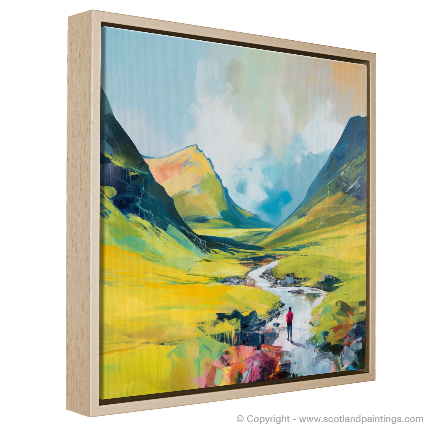 Painting and Art Print of Lone hiker in Glencoe during summer entitled "Solitary Hiker's Summer in Glencoe".