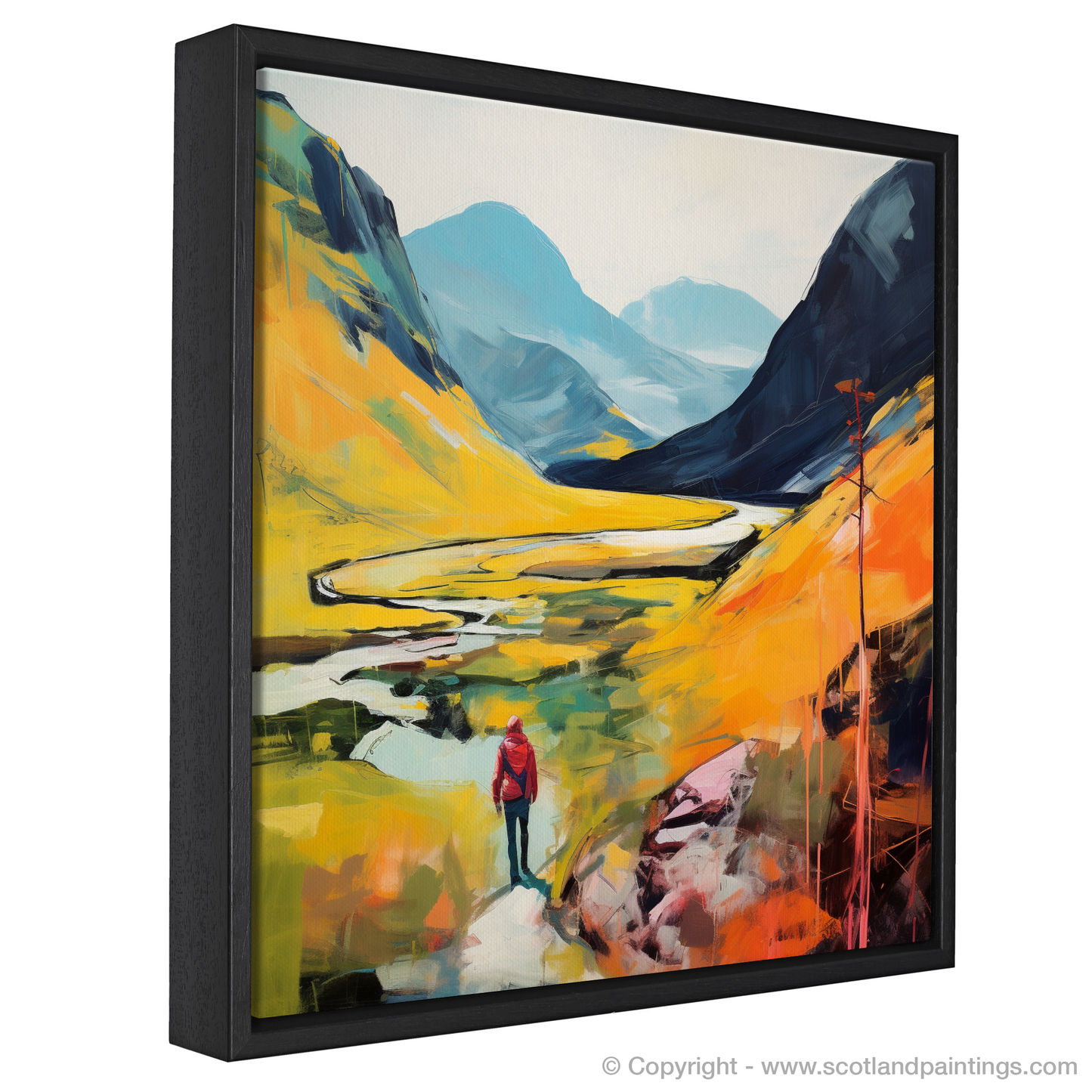 Painting and Art Print of Lone hiker in Glencoe during summer entitled "Lone Hiker's Summer Journey Through Glencoe Highlands".