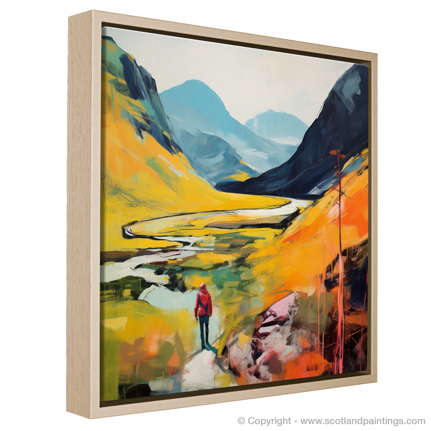 Painting and Art Print of Lone hiker in Glencoe during summer entitled "Lone Hiker's Summer Journey Through Glencoe Highlands".